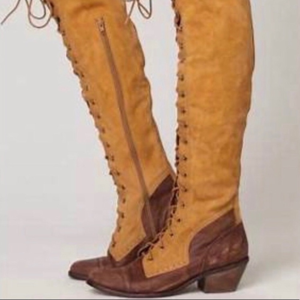 Free People x Jeffrey Campbell Joe Lace Up Over Knee Boot Mustard Brown Leather